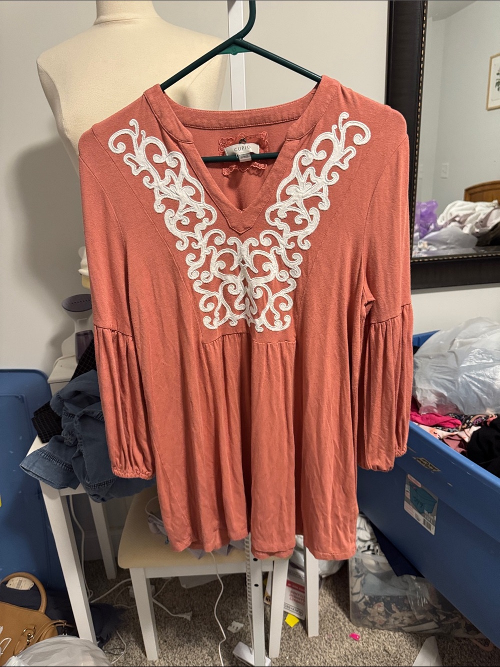 Cupio Coral Rust V-Neck Tunic with White Embroidery